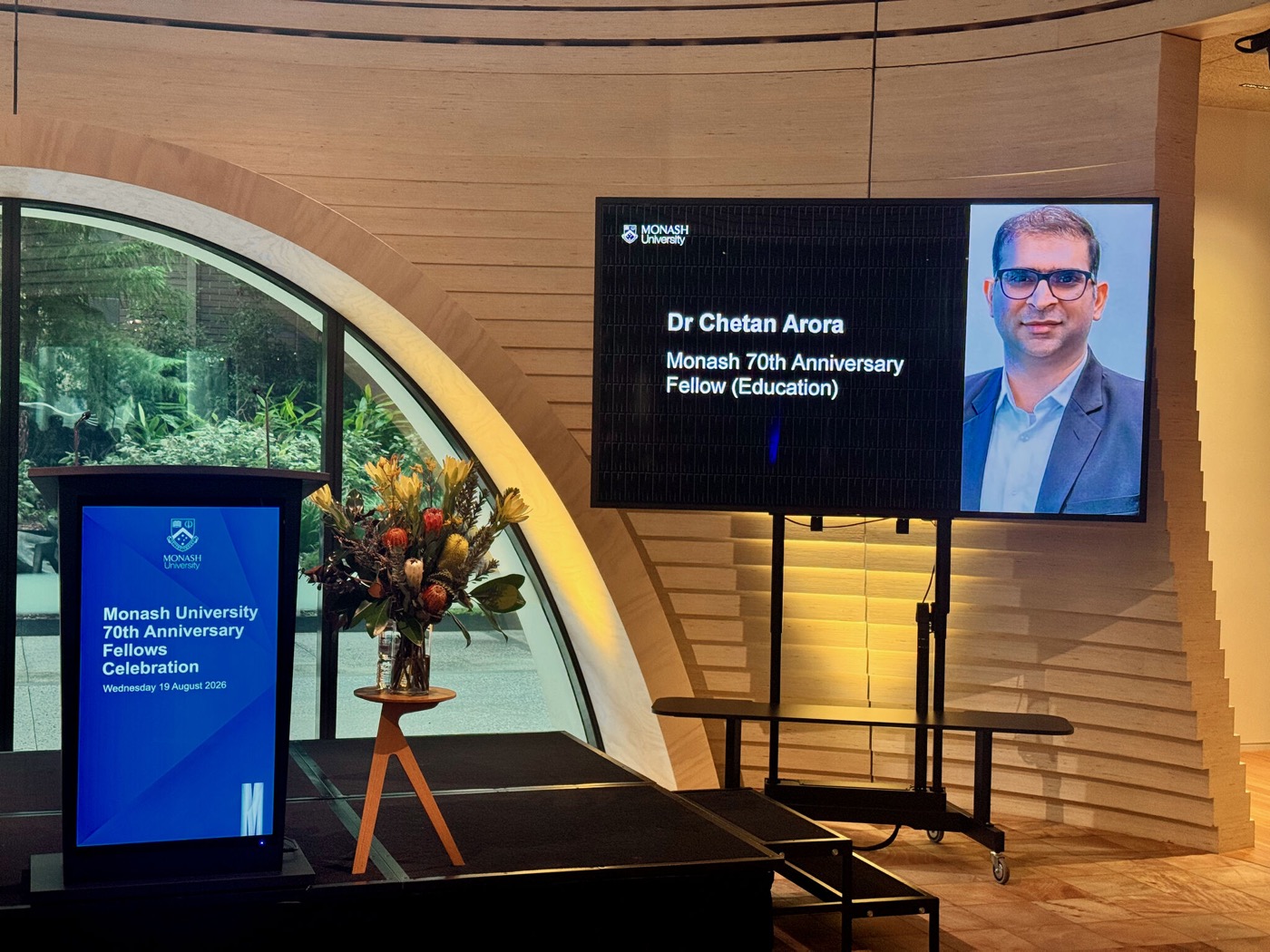 Monash 70th Anniversary Fellows celebration, with Dr Chetan Arora on screen